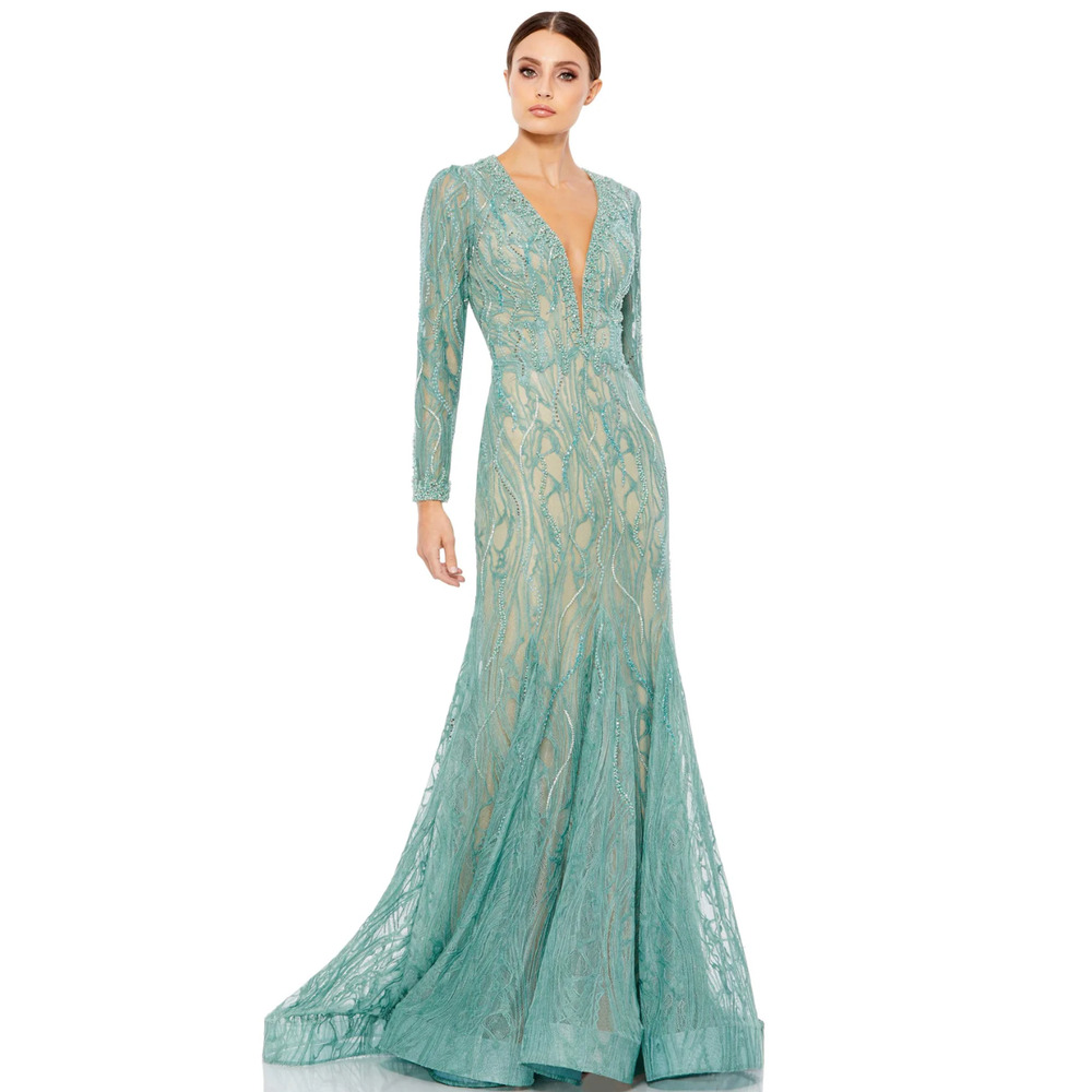 Mac‎ Duggal 79291 Mermaid Plunge lIlusion Gown in Sage Green 6 NWT